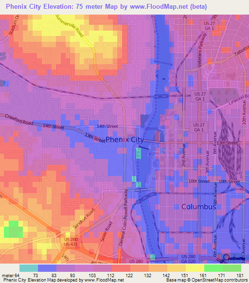 Phenix City,US Elevation Map