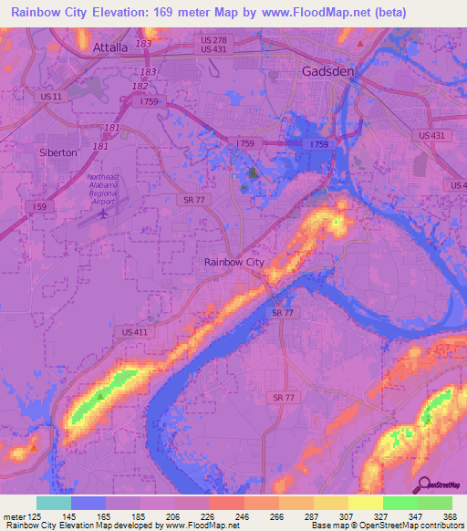 Rainbow City,US Elevation Map