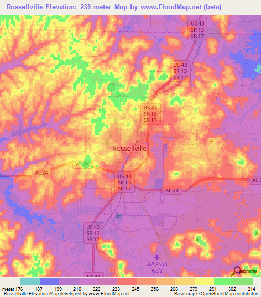 Russellville,US Elevation Map