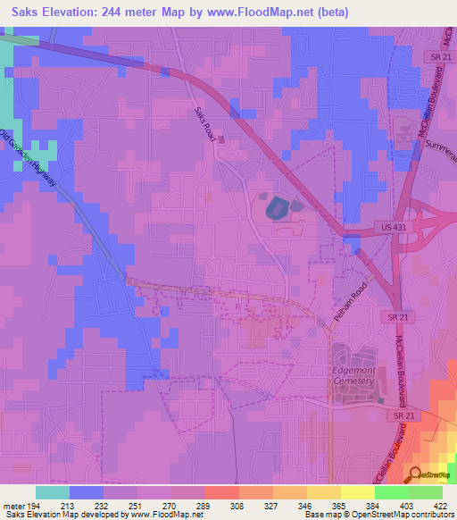 Saks,US Elevation Map