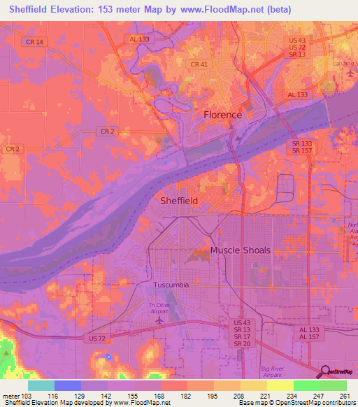 Sheffield,US Elevation Map