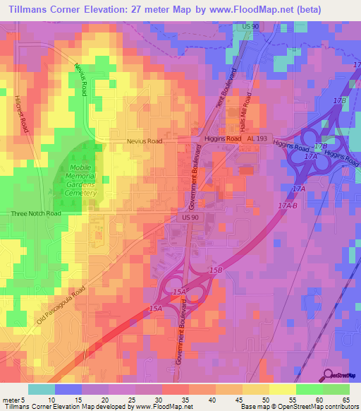 Tillmans Corner,US Elevation Map
