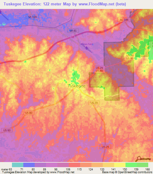 Tuskegee,US Elevation Map