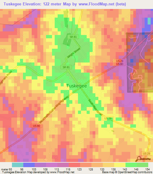 Tuskegee,US Elevation Map