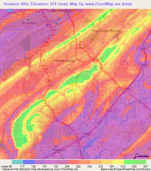 Vestavia Hills,US Elevation Map