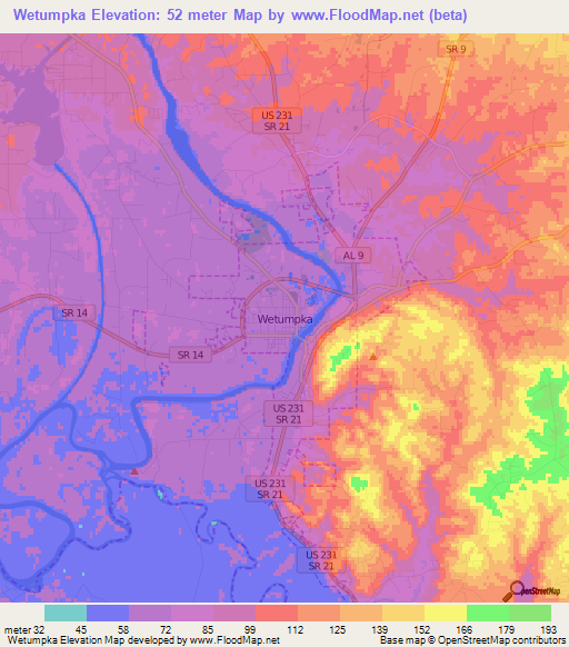 Wetumpka,US Elevation Map