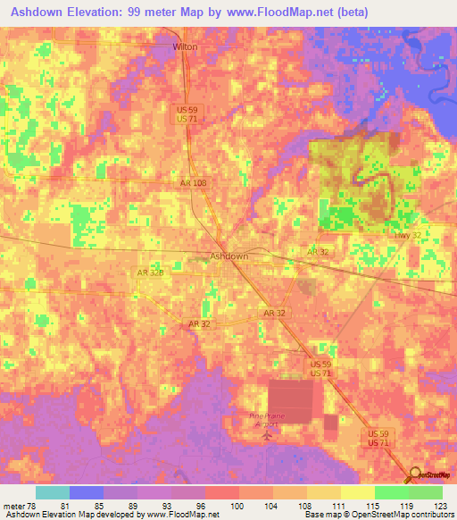 Ashdown,US Elevation Map