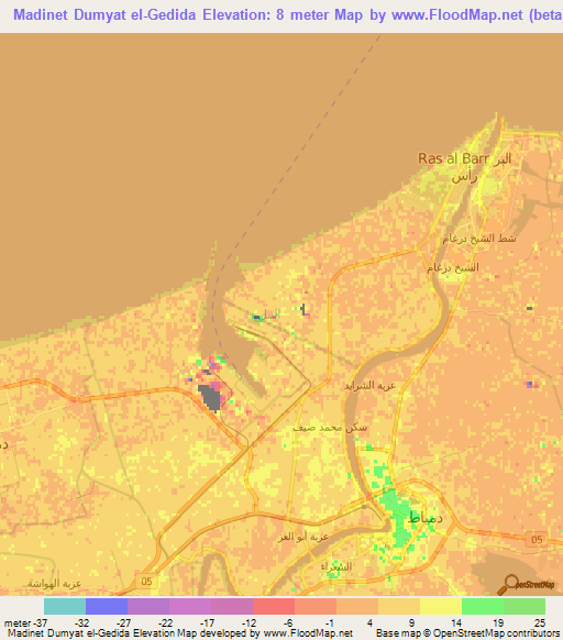 Madinet Dumyat el-Gedida,Egypt Elevation Map