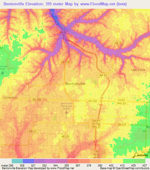 Bentonville,US Elevation Map