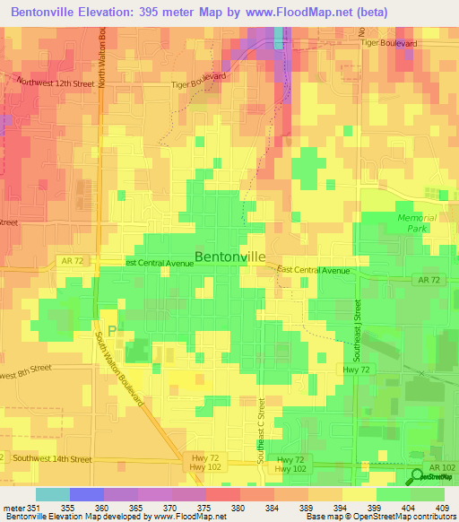 Bentonville,US Elevation Map