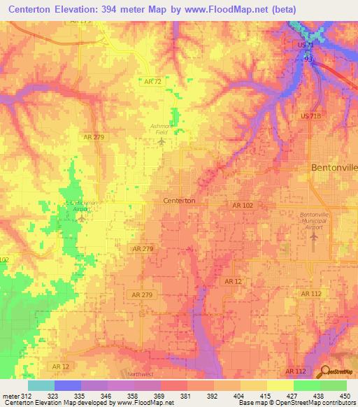 Centerton,US Elevation Map