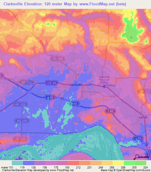 Clarksville,US Elevation Map