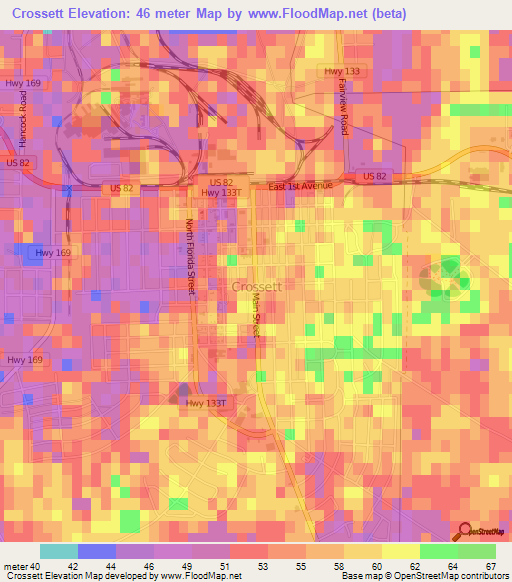 Crossett,US Elevation Map