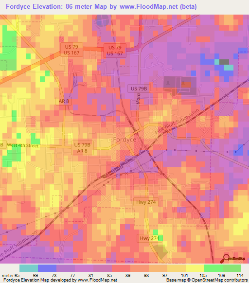 Fordyce,US Elevation Map