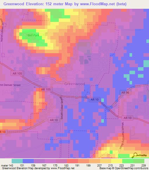 Greenwood,US Elevation Map