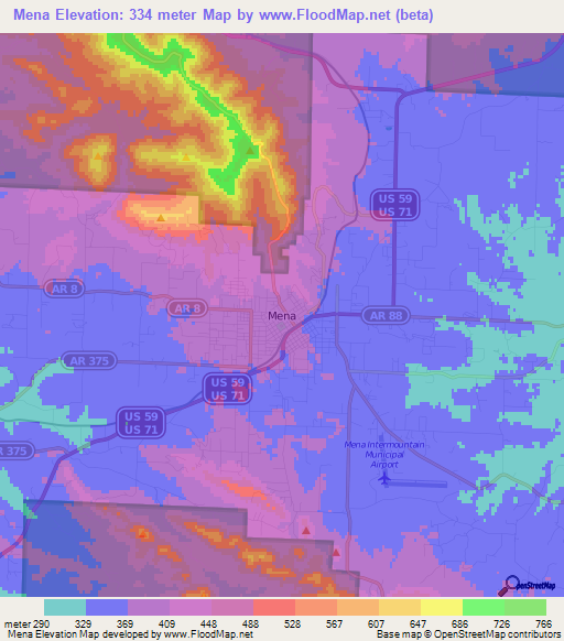 Mena,US Elevation Map