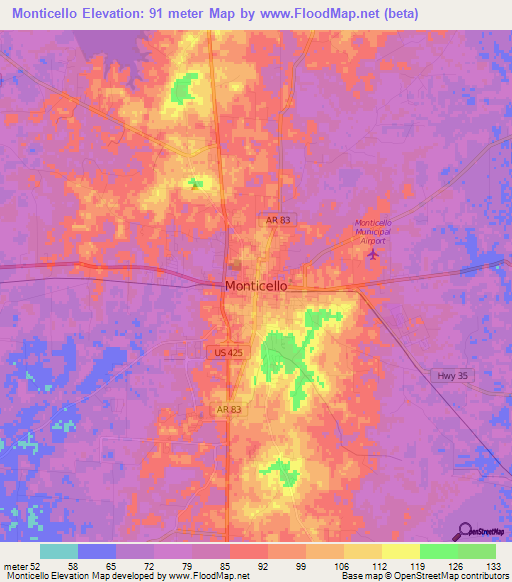 Monticello,US Elevation Map