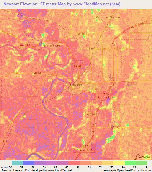 Newport,US Elevation Map