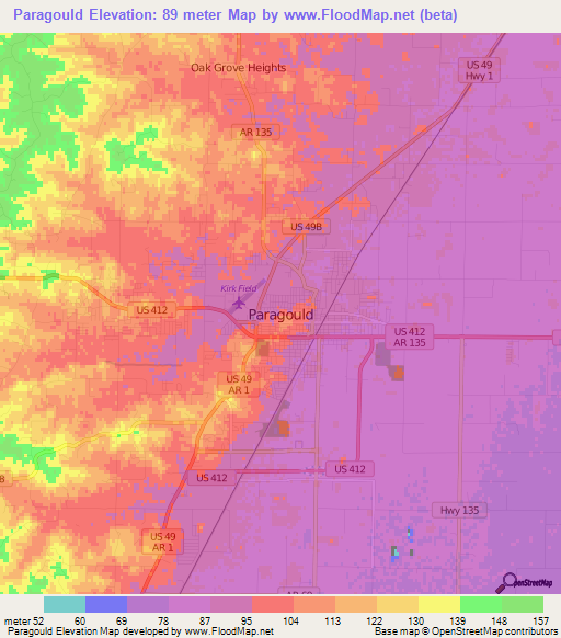 Paragould,US Elevation Map