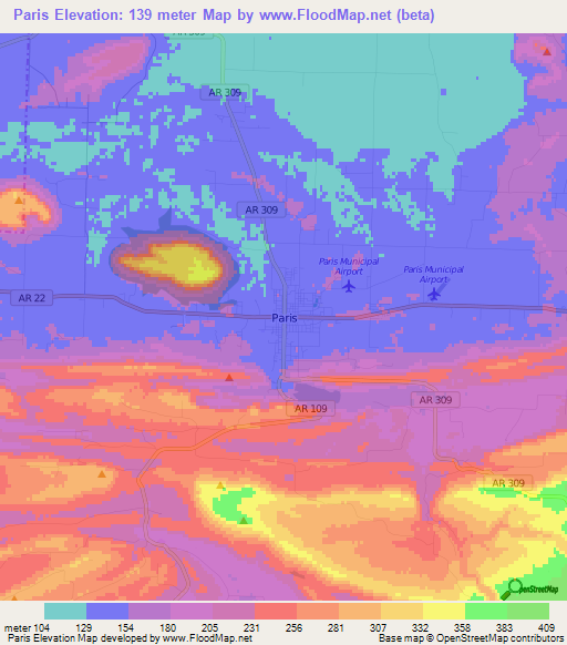 Paris,US Elevation Map