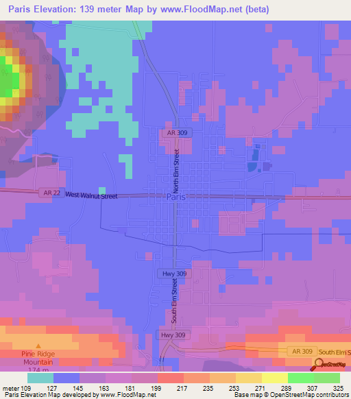 Paris,US Elevation Map