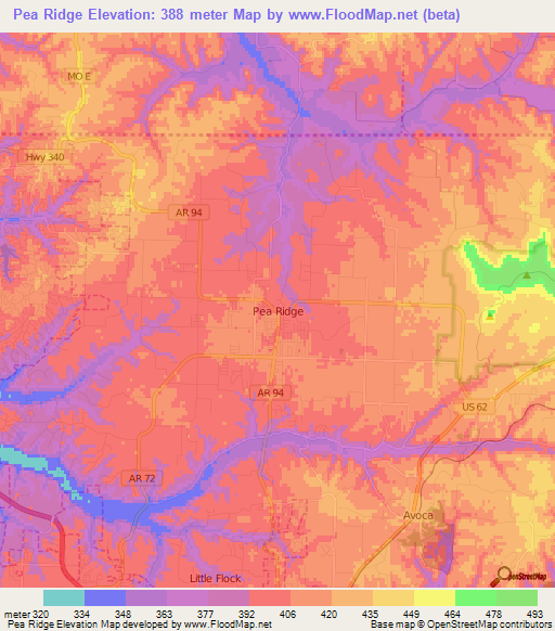 Pea Ridge,US Elevation Map