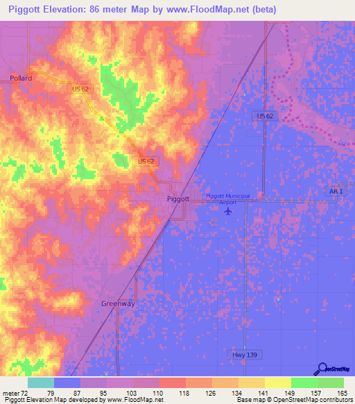 Piggott,US Elevation Map