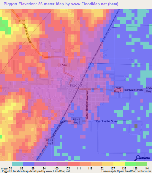 Piggott,US Elevation Map