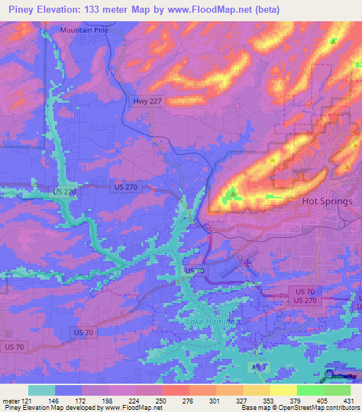 Piney,US Elevation Map