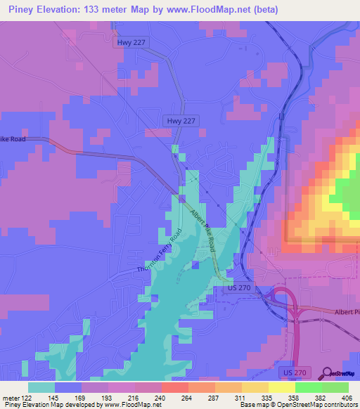 Piney,US Elevation Map