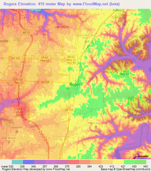 Rogers,US Elevation Map