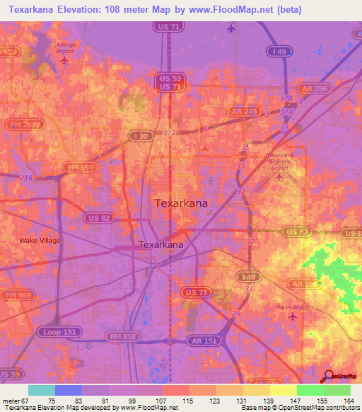 Texarkana,US Elevation Map