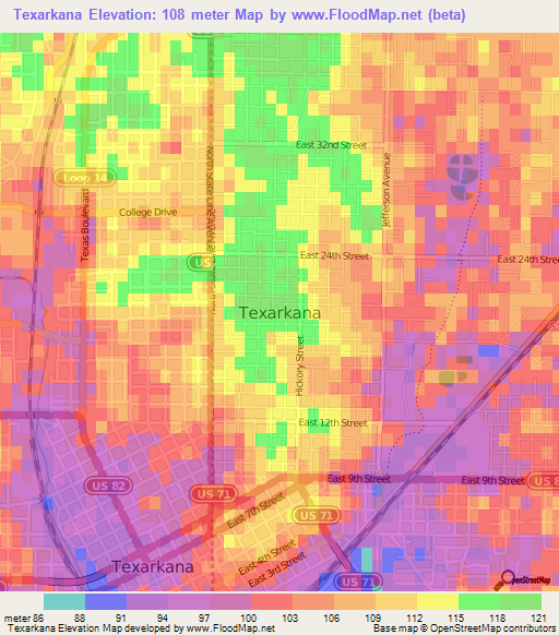 Texarkana,US Elevation Map