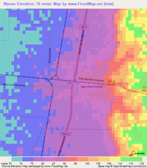 Wynne,US Elevation Map