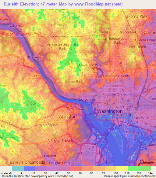 Burleith,US Elevation Map