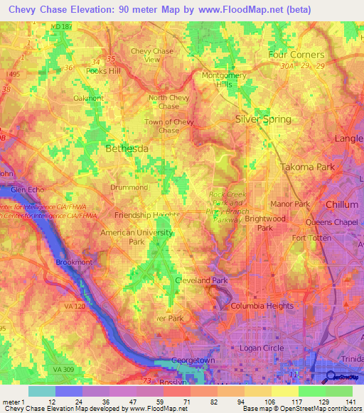 Chevy Chase,US Elevation Map