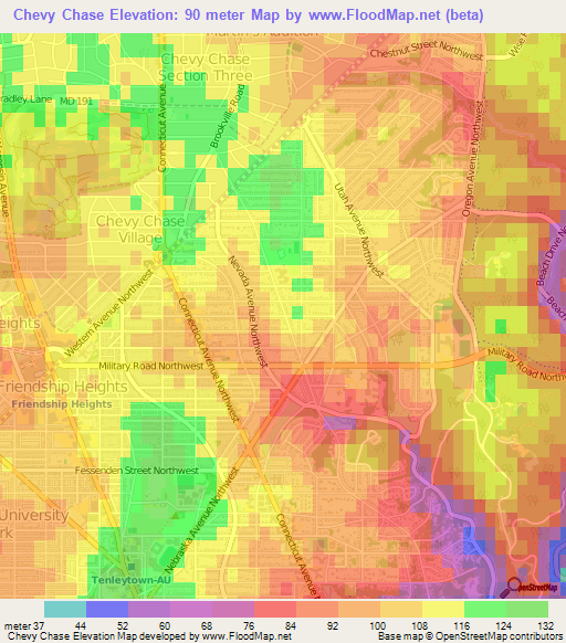 Chevy Chase,US Elevation Map