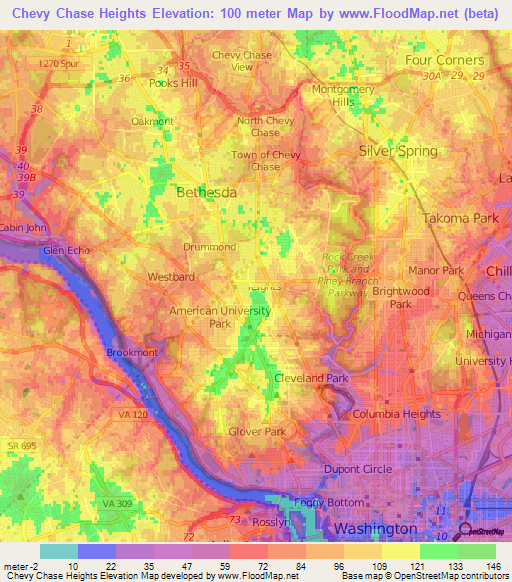 Chevy Chase Heights,US Elevation Map