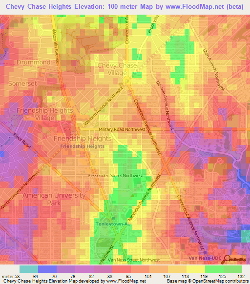 Chevy Chase Heights,US Elevation Map