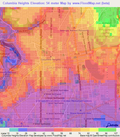 Columbia Heights,US Elevation Map