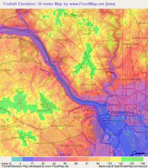 Foxhall,US Elevation Map