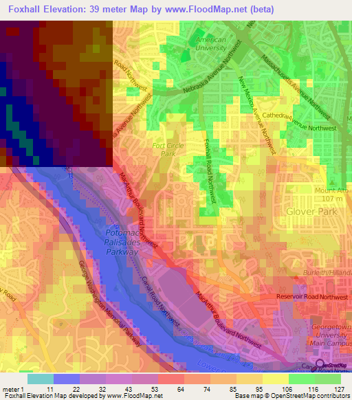 Foxhall,US Elevation Map