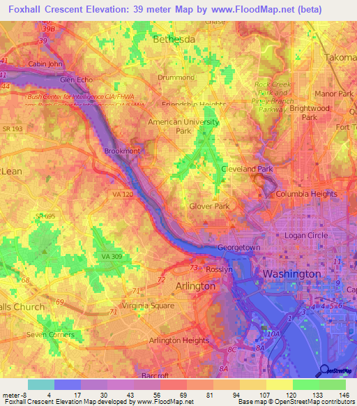 Foxhall Crescent,US Elevation Map