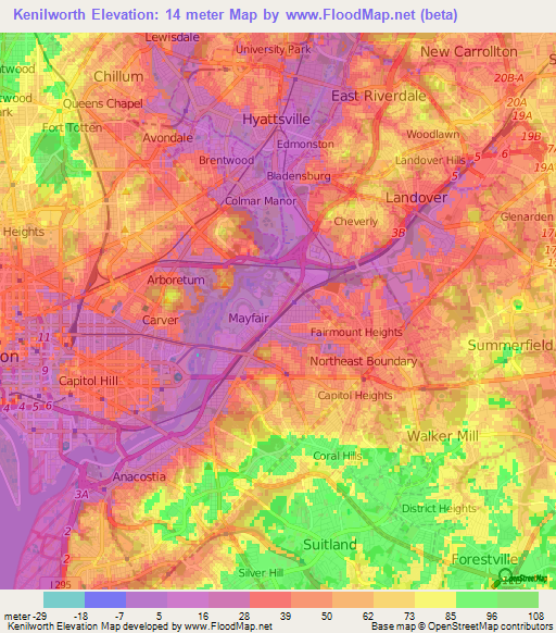 Kenilworth,US Elevation Map