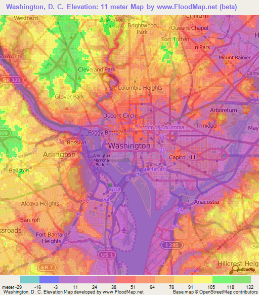 Washington, D. C.,US Elevation Map