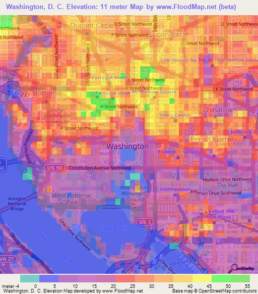Washington, D. C.,US Elevation Map