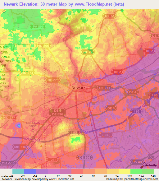 Newark,US Elevation Map