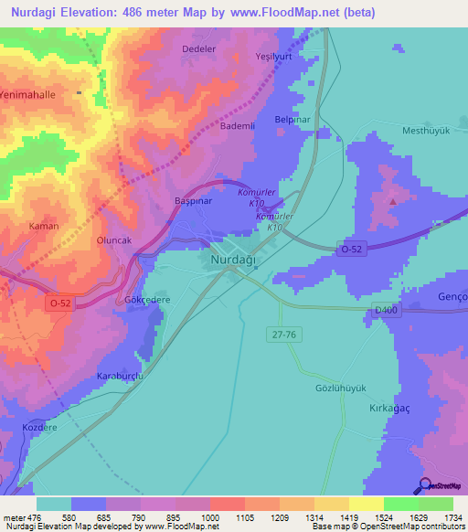 Nurdagi,Turkey Elevation Map