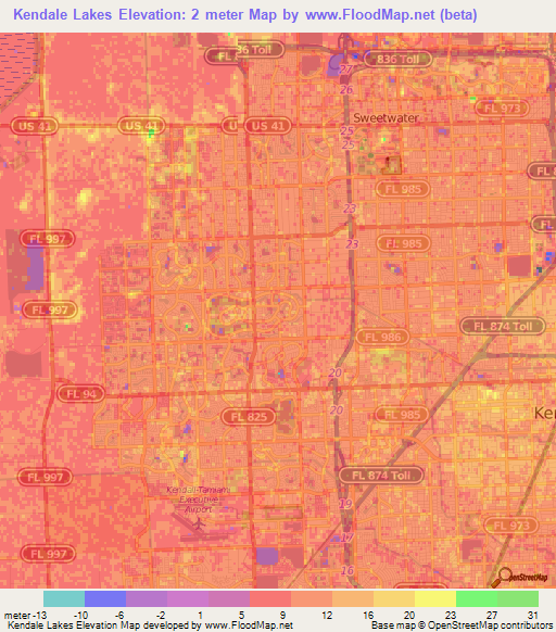 Kendale Lakes,US Elevation Map