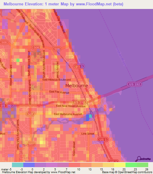 Melbourne,US Elevation Map